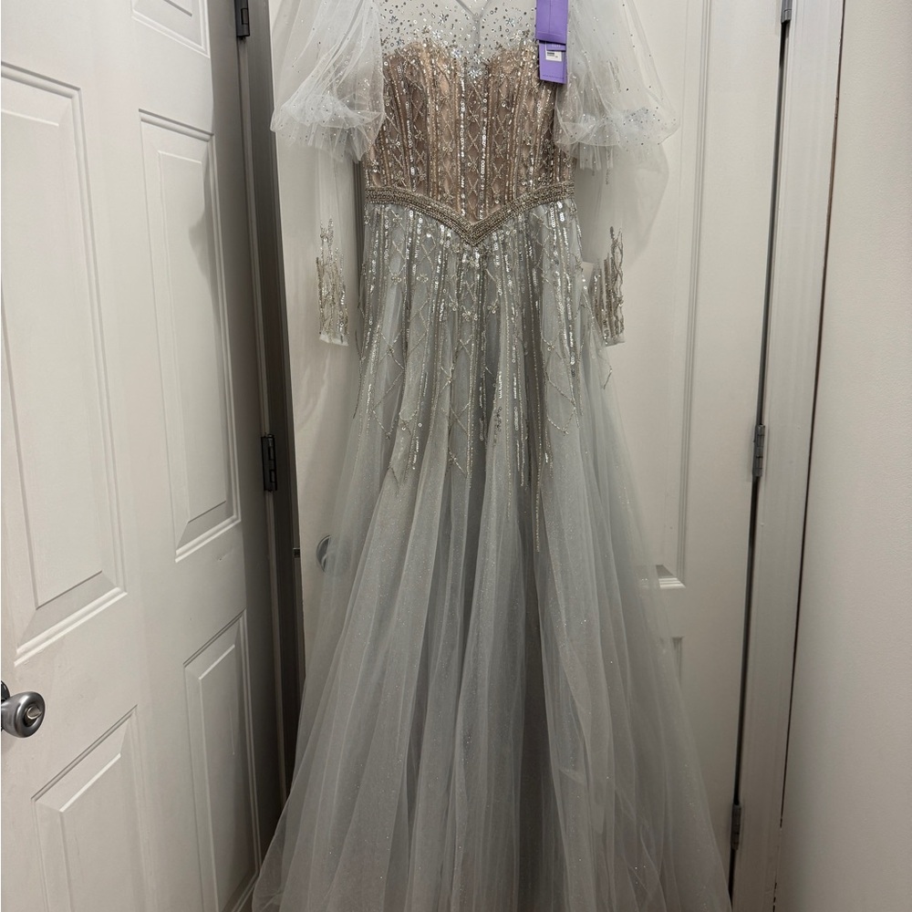Cinderella Divine B707 A-line Silver Dress with Long Sleeves - Prom